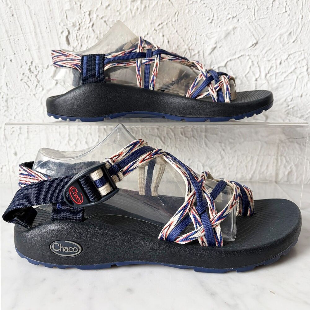 Chaco ZX3 Triple Strap Sandals Women’s Size 8 Blue Red White Toe Loop Hiking